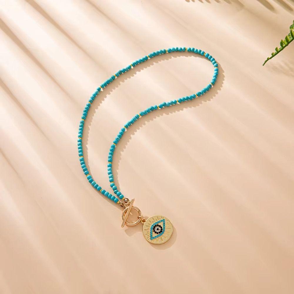 4mm Beads Evil Eye Charm Pendant Boho Style Beads Chain Necklace Colorful Stone Choker  Daily Wear