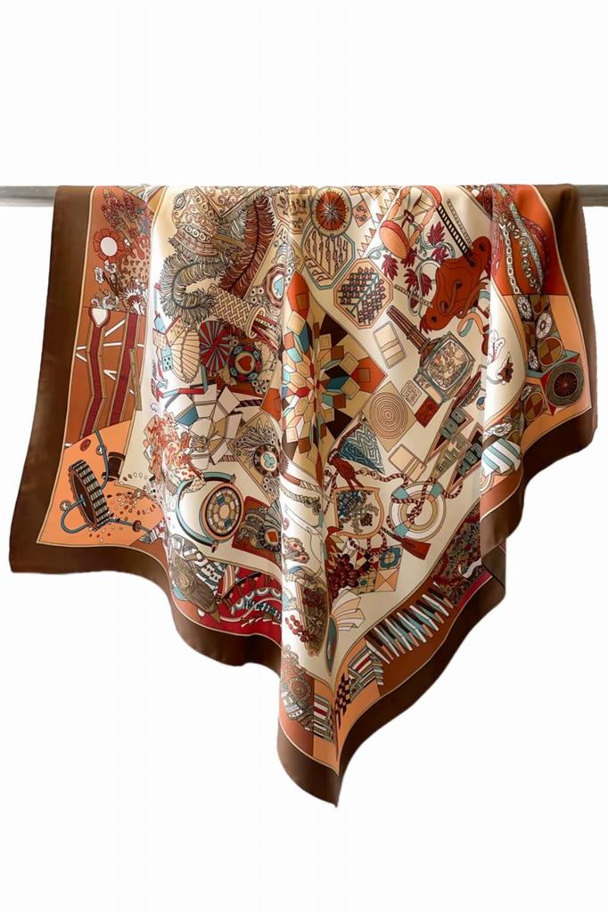 90x90 Beige-Brown Scarf with Graphic Print - Elegance with an Artistic Soul