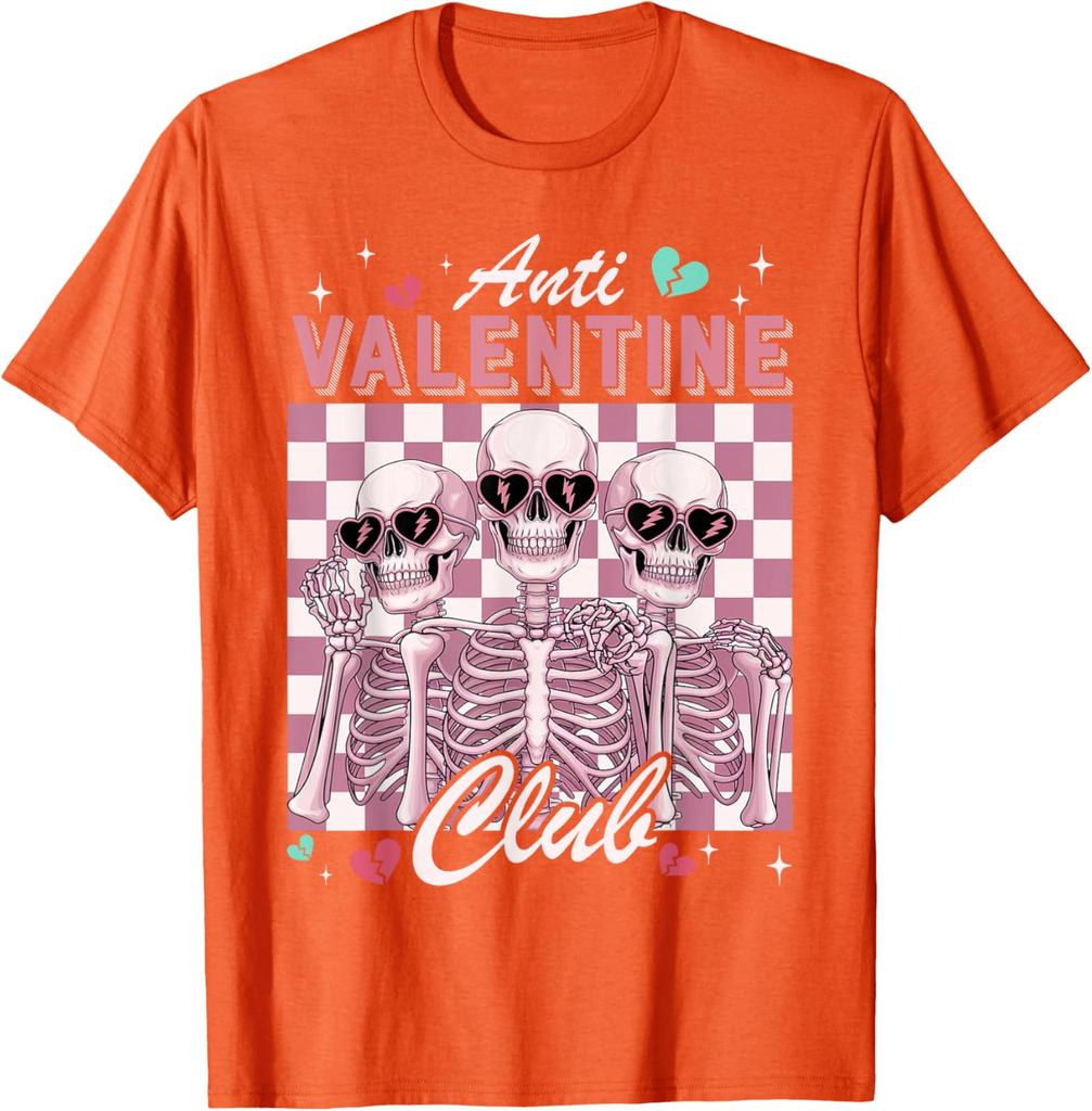 Anti-Valentinstag-Club-Skelett-Grafik-T-Shirt, lustiges Single-Day-Freizeit-Rundhals-T-Shirt für Männer und Frauen