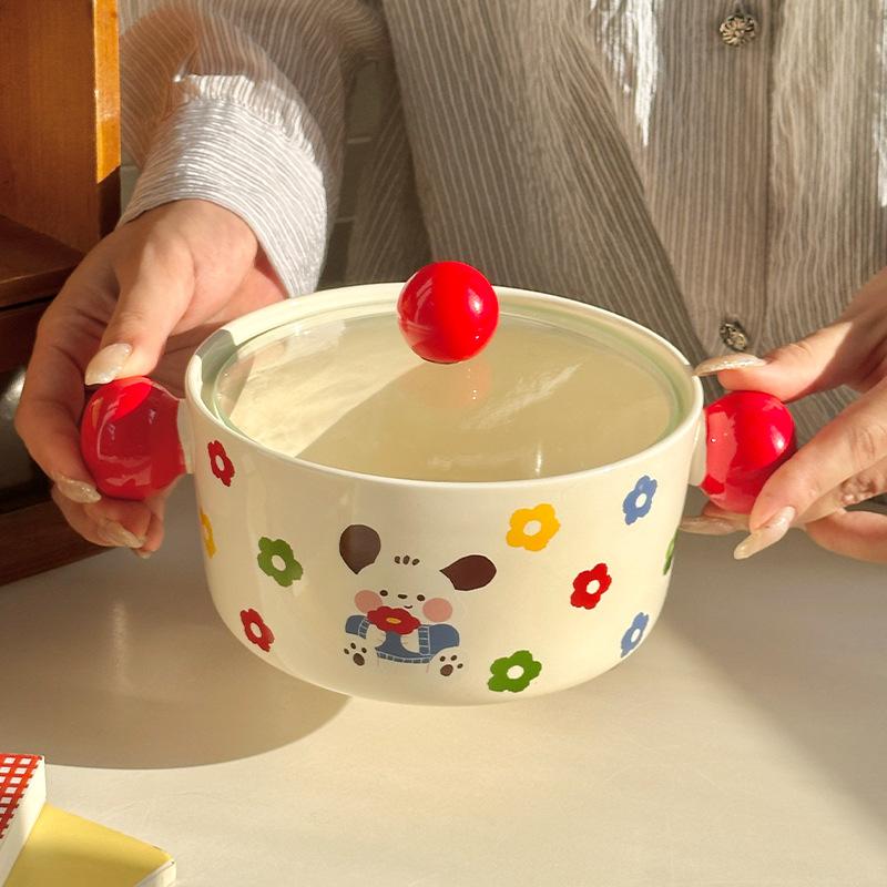 Cute instant noodle bowl with lid spoon Ceramic big bowl High value snail wordy powder bowl Student dormitory rice bowl