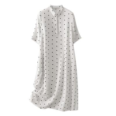Summer New Stand-up Collar Short-sleeved Cotton and Linen Medium and Long Dress Children's Mori Simple Commuting Versatile Polka Dot Retro Dress
