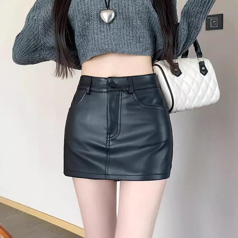 Women's Fall Winter Black A-Line Bodycon Skirt Pants High Waisted Slimming PU Leather Shorts Mini Shorts Versatile Slim Fit Hot Pants