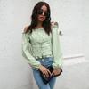 Off Shoulder Hot Style Front Straps Women Blouse Long Sleeve Slim Waist Pleated Short Top Elegant Casual Shirt New Solid Color Ruffled Clothng