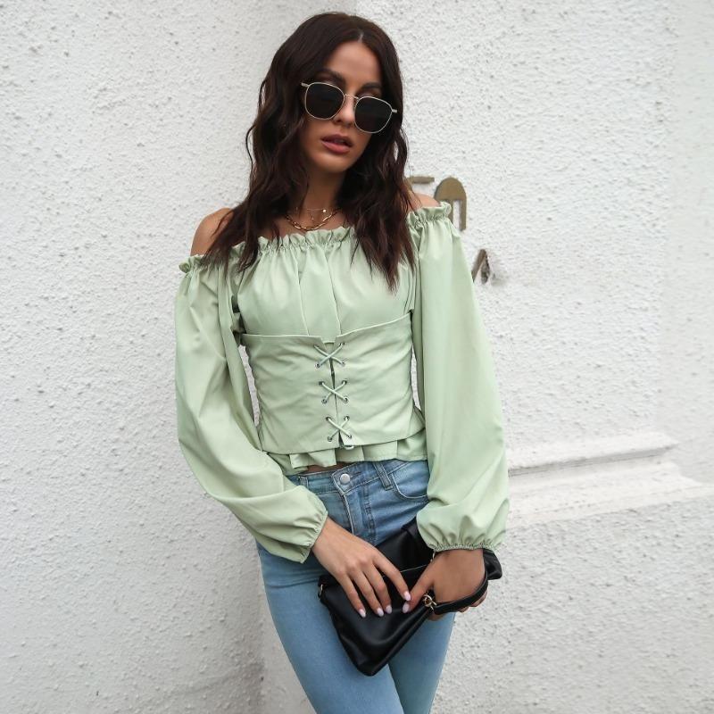 Off Shoulder Hot Style Front Straps Women Blouse Long Sleeve Slim Waist Pleated Short Top Elegant Casual Shirt New Solid Color Ruffled Clothng