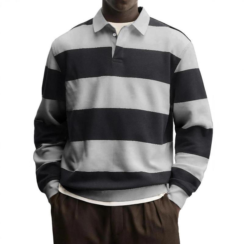 Men's Striped Long Sleeve Polo Shirt Relaxed Fit Turn Down Collar Casual Rugby Style Top