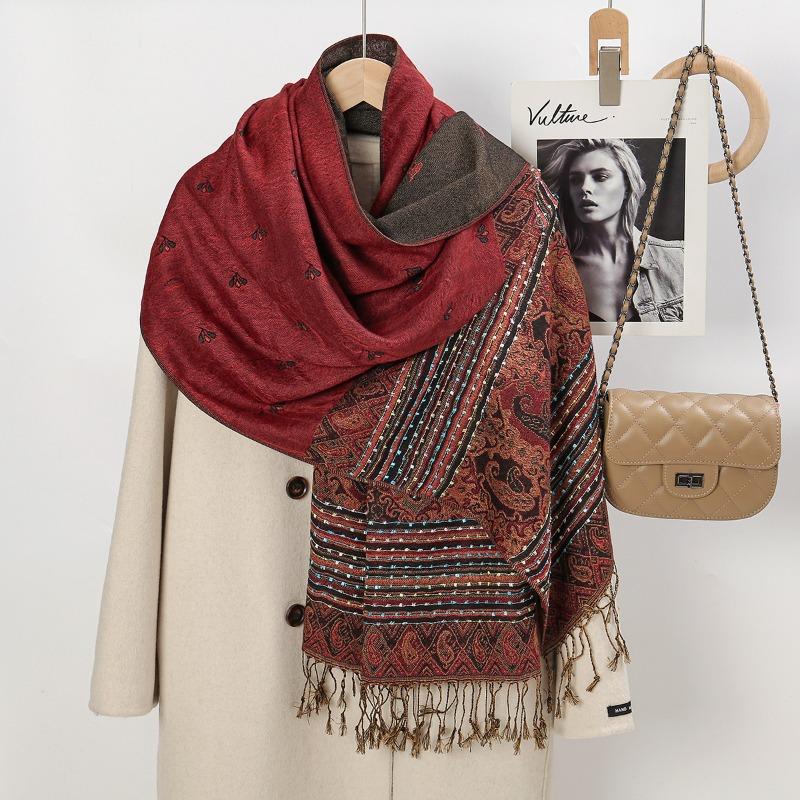 

New hot-selling spring and autumn jacquard long towel women s summer air conditioner fringed shawl cashew scarf 170cm