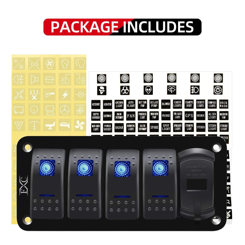 Purishion 4 Gang Rocker Switch Aluminum Panel with Voltmeter & Dual USB(4.8 Amps) Fast Charging, Blue Backlit Led, Pre-Wired IP65 Waterproof for