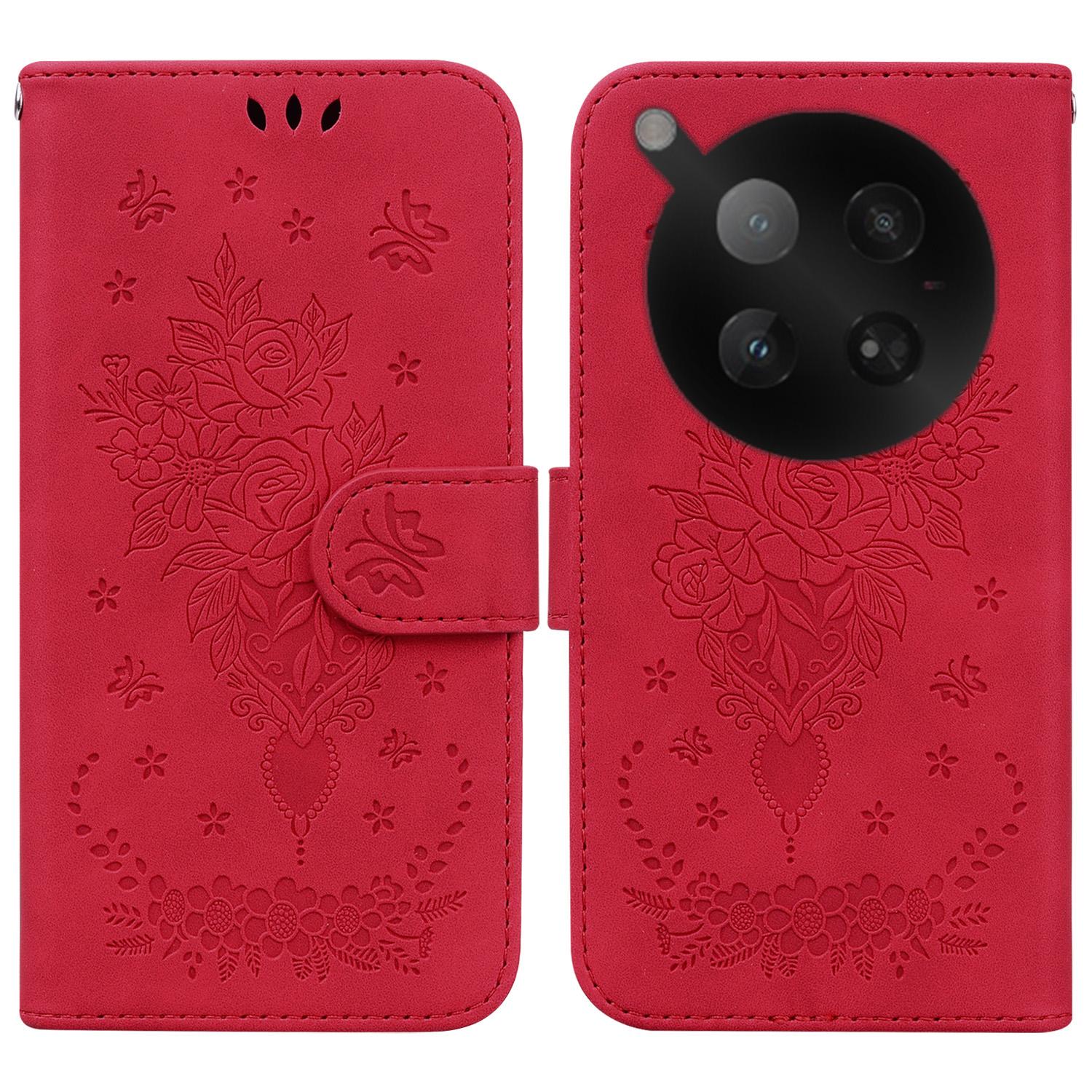 

For Infinix Zero 40 4G Case Butterfly Flower Imprint PU Leather Wallet Phone Cover with Strap Red