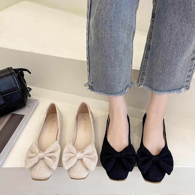 Schleife quadratischer Kopf flacher Mund einzelne Schuhe Damen Frühling neu vielseitig weiche Sohle Doudou Schuhe Damenschuhe