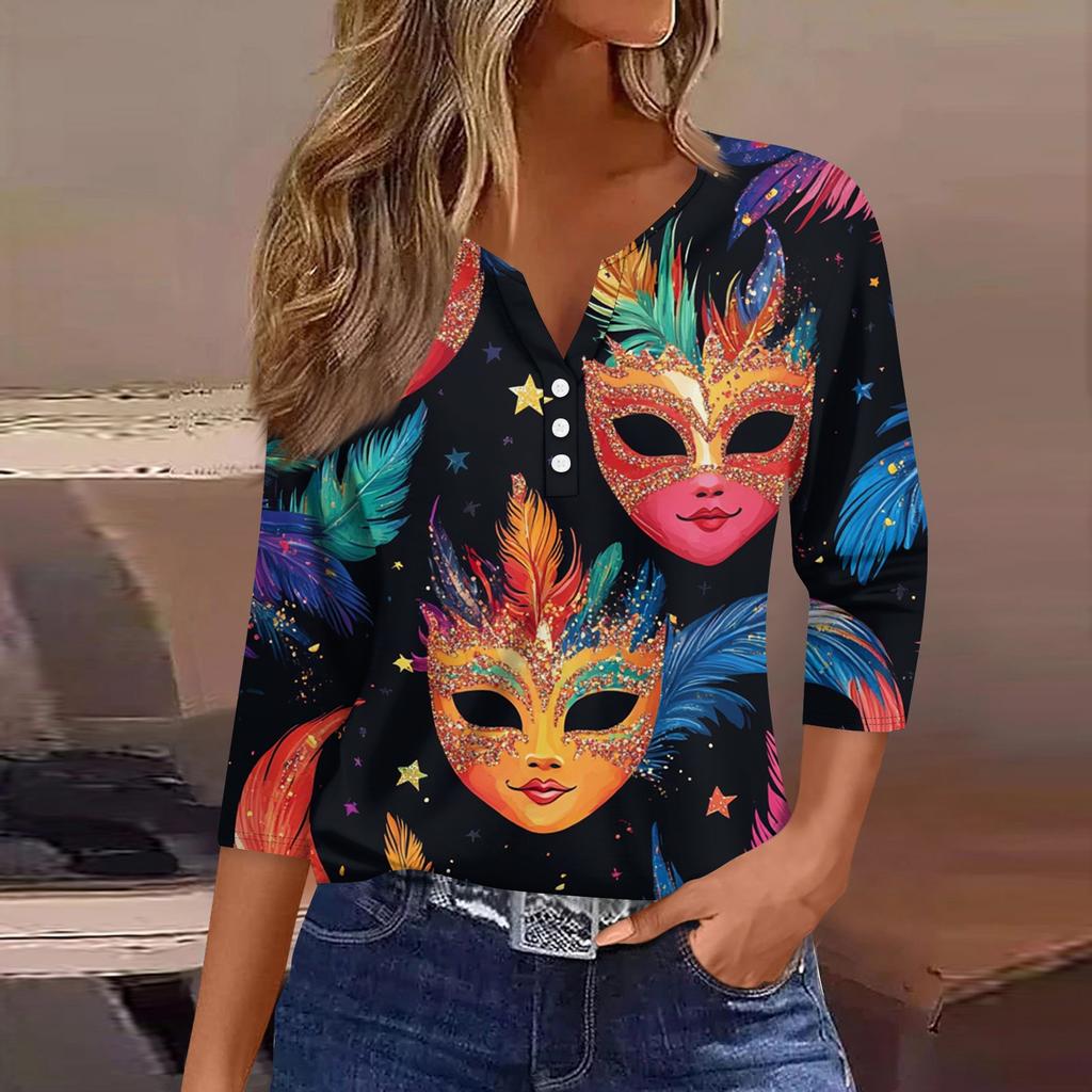 T-skjorte for kvinner T-skjorte med knapp 3/4-ermet Daglig helgmote Basic V-hals vanlig topp