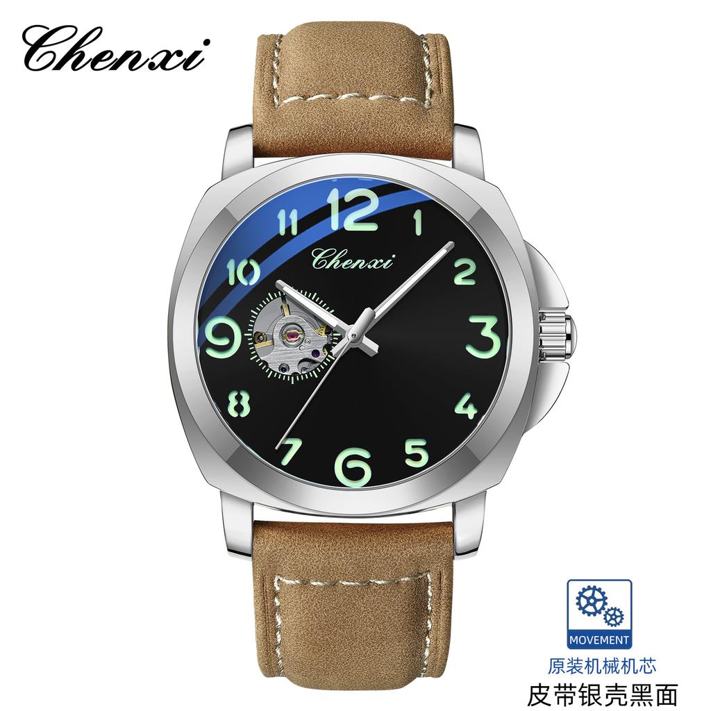 CHENXI 8854 New Band Watches 45mm Men Watch Stainless Steel case Men's Vintage Mechanical Watch SKY BLUE Dial Leather Bracelet