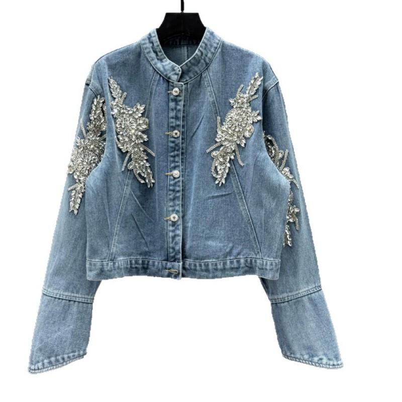 Giacca di jeans da donna con strass, vestibilità larga, manica lunga, capospalla casual