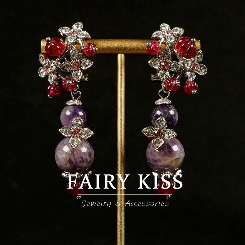 Earrings Temperament Flower Diamond Purple Stone Light Luxury Ear Shot Fashion Design Earrings