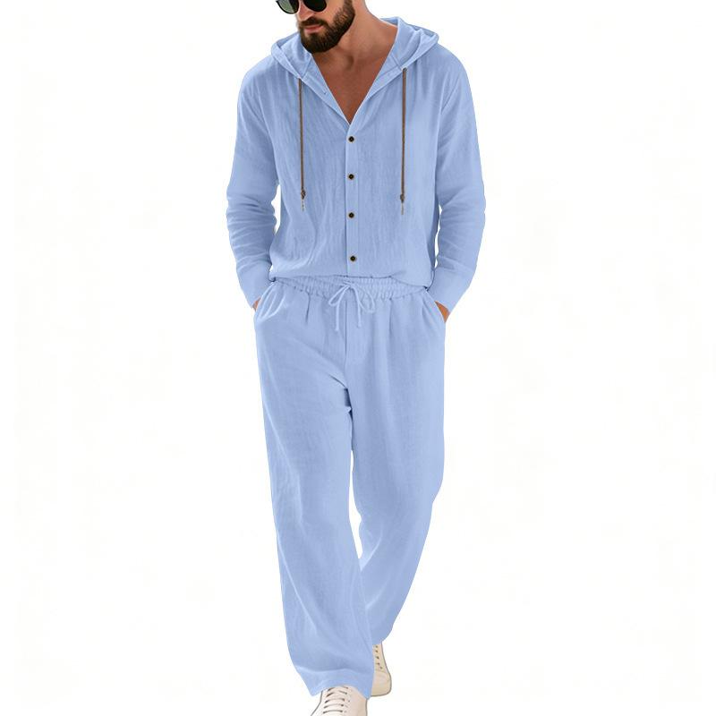 Completo casual da uomo in lino a due pezzi: camicia con cappuccio e bottoni e pantaloni a gamba dritta – perfetti per le vacanze al mare in primavera/estate