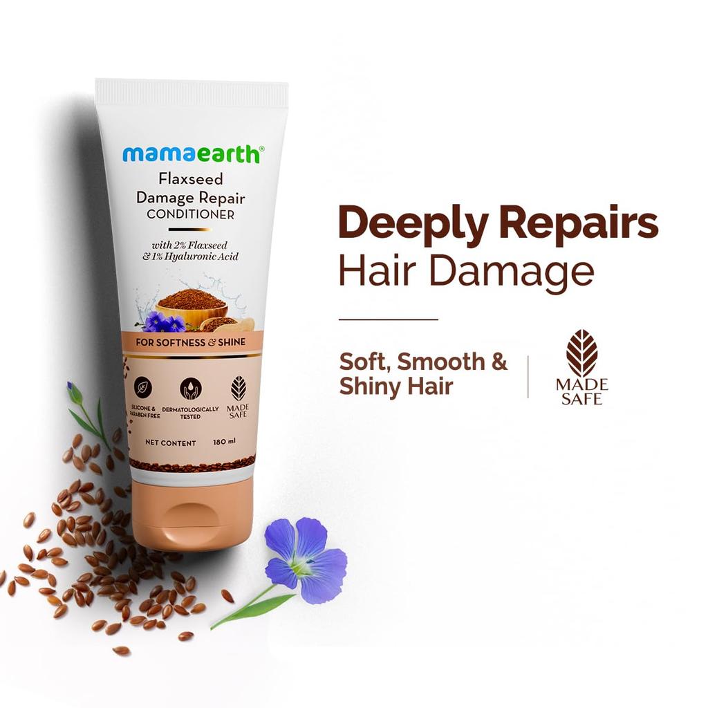 Mamaearth Flaxseed Damage Repair Conditioner with 2% Flaxseed, 1% Hyaluronic Acid, Ceramides | Makes Hair Soft, Smooth & Shiny | Deeply Condition