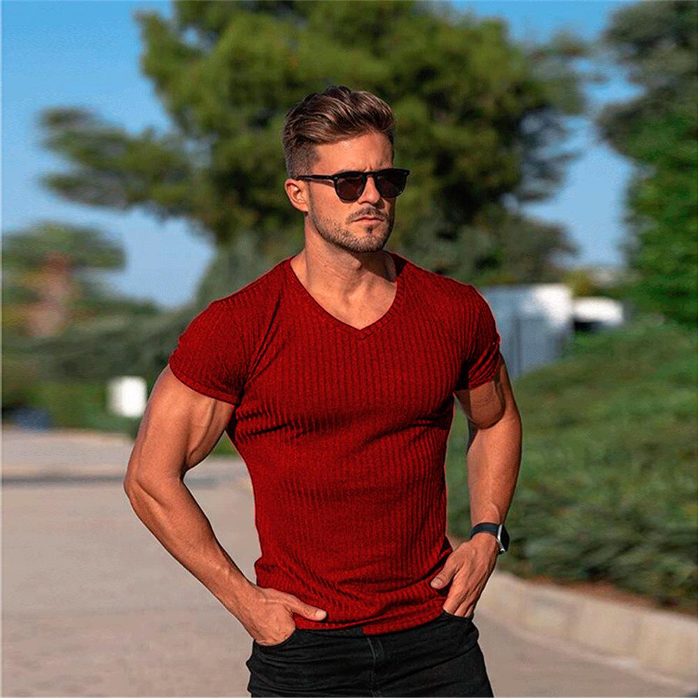 

Мужская однотонная рубашка с V-образным вырезом и коротким рукавом для спорта и отдыха на лето L