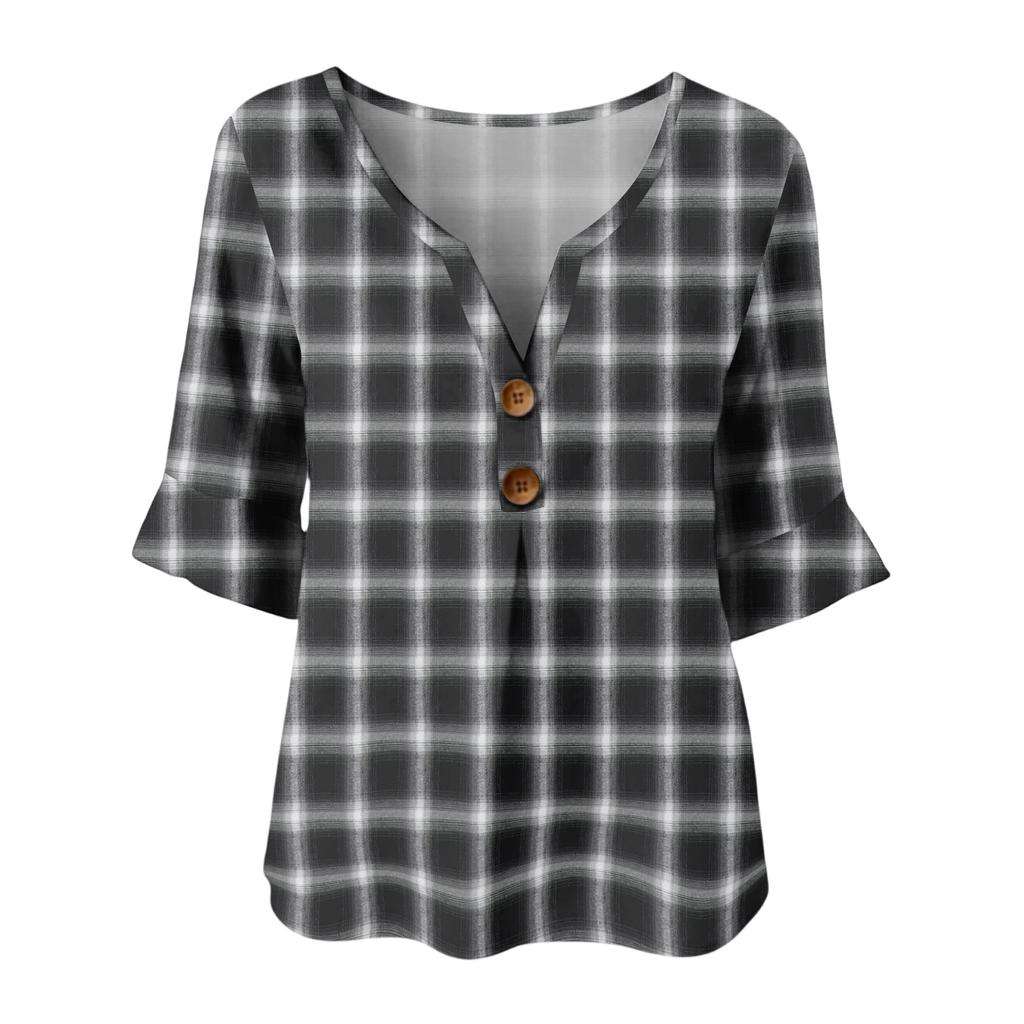 Camisas de Manga Larga para Mujer Casual a Cuadros Cuello en V Tops de Manga Larga para Mujer con Botón Tops de Manga Larga para Mujer