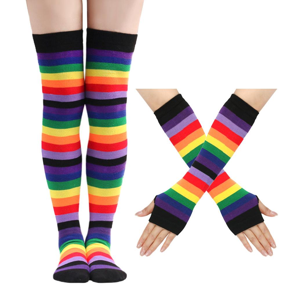 Purple Stockings Party Props 2 Piece Set Striped Over The Knee Socks Colored Striped Gloves New Casual Stockings