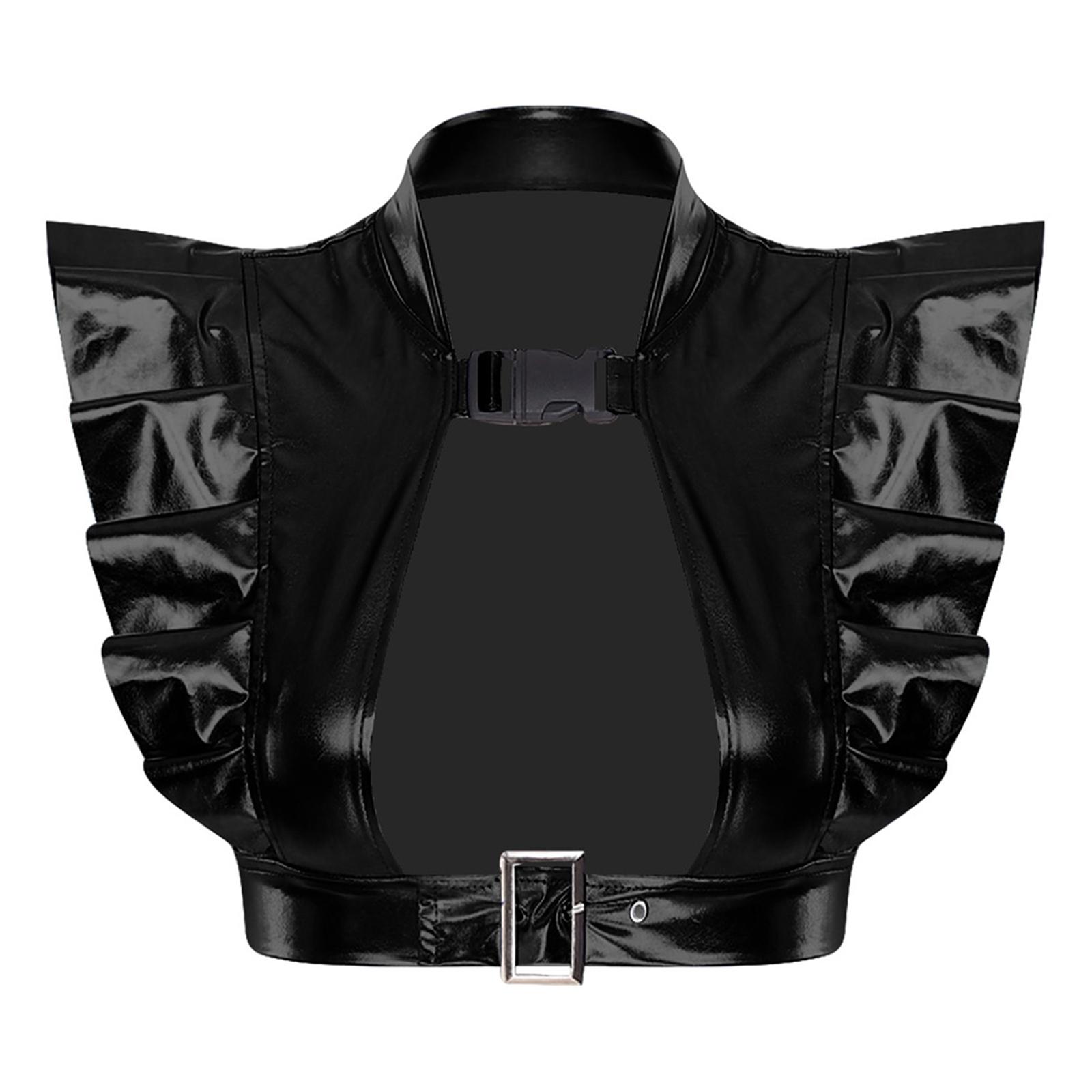 

Womens Iridescent Metallic Shoulder Armor Ruffled Trim Front Cutout Adjustable Bottom Straps Crop Top Shrugs M чорний