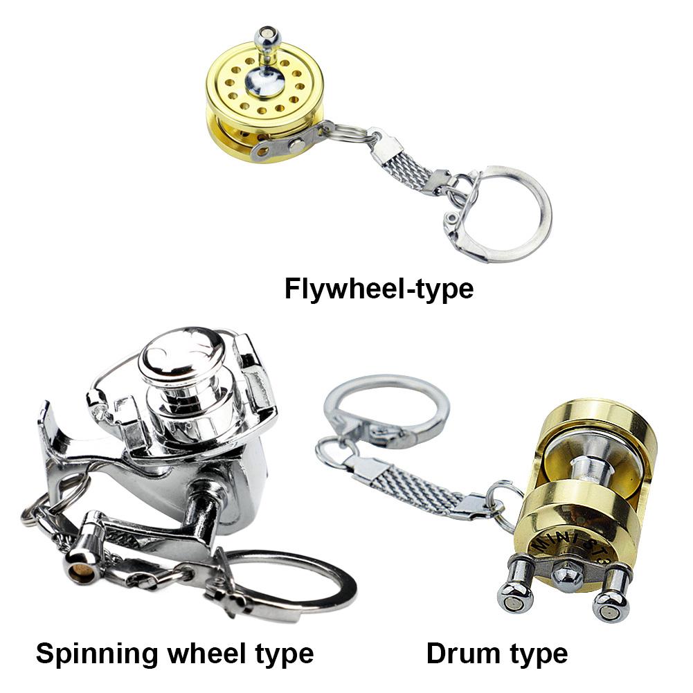 1pc Alloy Fishing Reel Drum Pendant Keychain Miniature Sea Fishing Spinning Wheel Miniature Trolling Reels Drum Wheel Key Chain