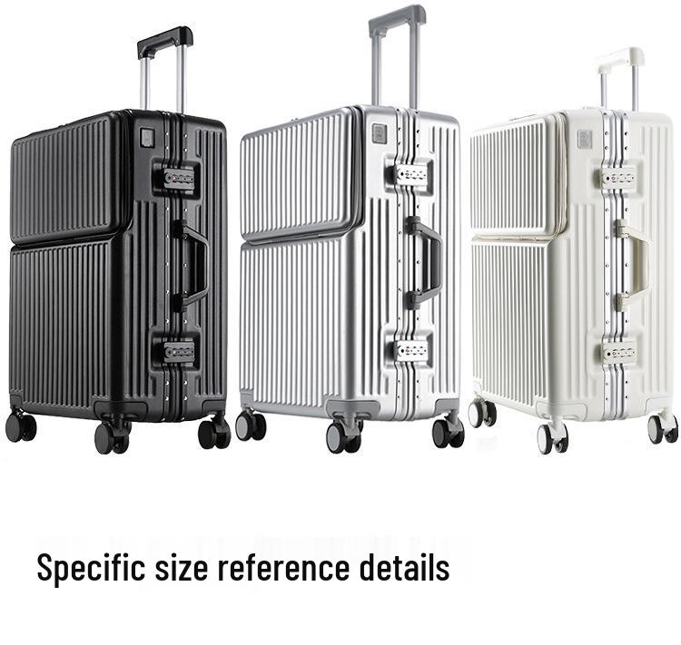 Universal Aluminum Frame Trolley Suitcase with Front Opening and Large Capacity for Women and Men
