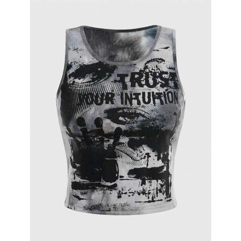 2KWEIRD Grunge Punk Tie Dye Öga Bokstavsgrafik Tanktop Dam Sommar Y2K Kläder Casual Rund Hals Ärmlös Cropped Top Väst Streetwear