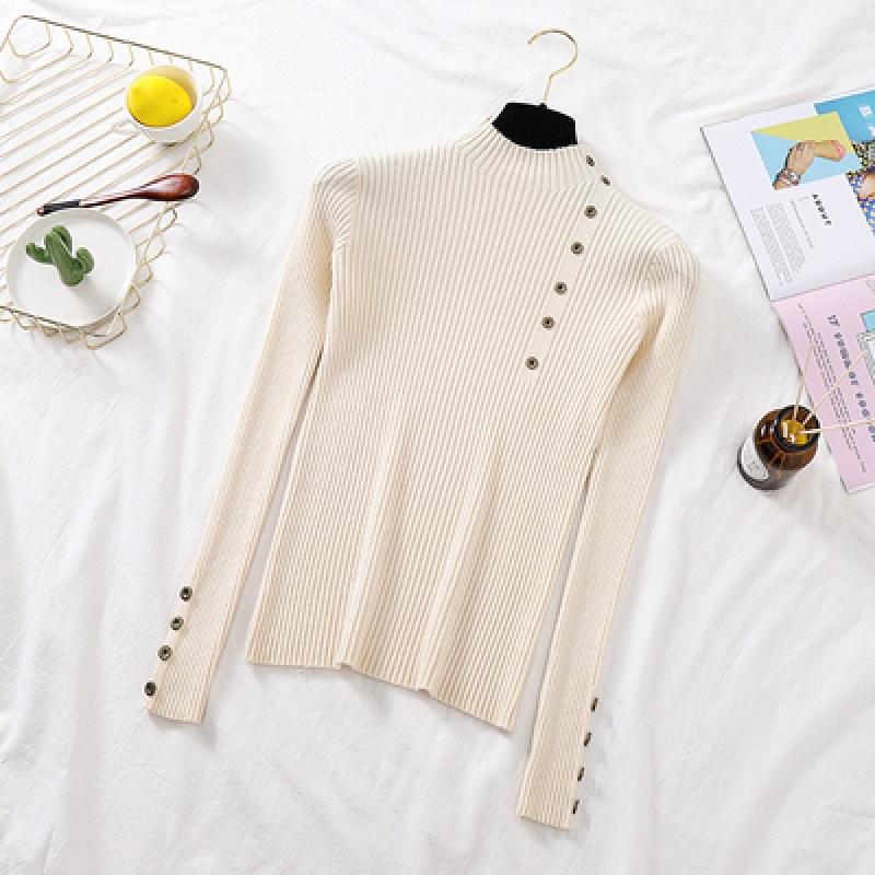 Dámské Podzimní Pletené Slim Svetry Jednobarevné Pletené Dámské Bavlna Měkké Elastické Barevné Pulovry Rolák na knoflíky s plným rukávem