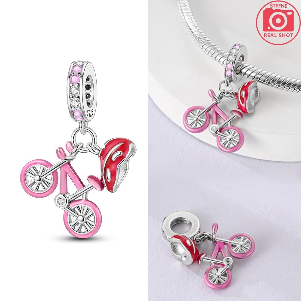 

Charms Plata Pink Zircon Bicycle Safety Helmet Pendants Fit Original Bracelets Charms For Women Jewelry Diy Making Gifts