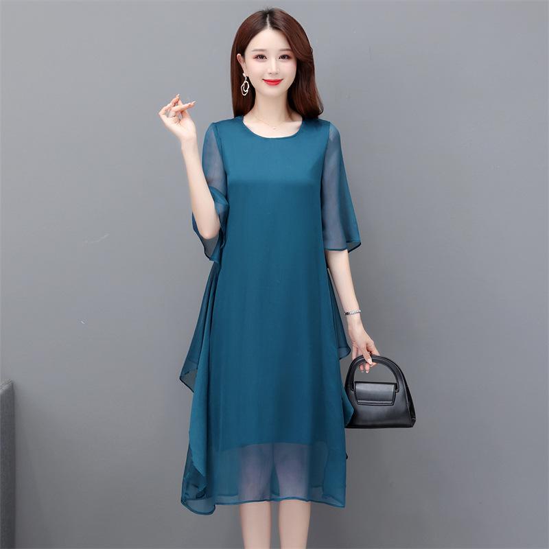 Women's Summer 2023 Silk Crepe A-line Dress: Mid-length, Solid Color, Loose Fit, Tummy-Covering, Fashionable and Elegant.