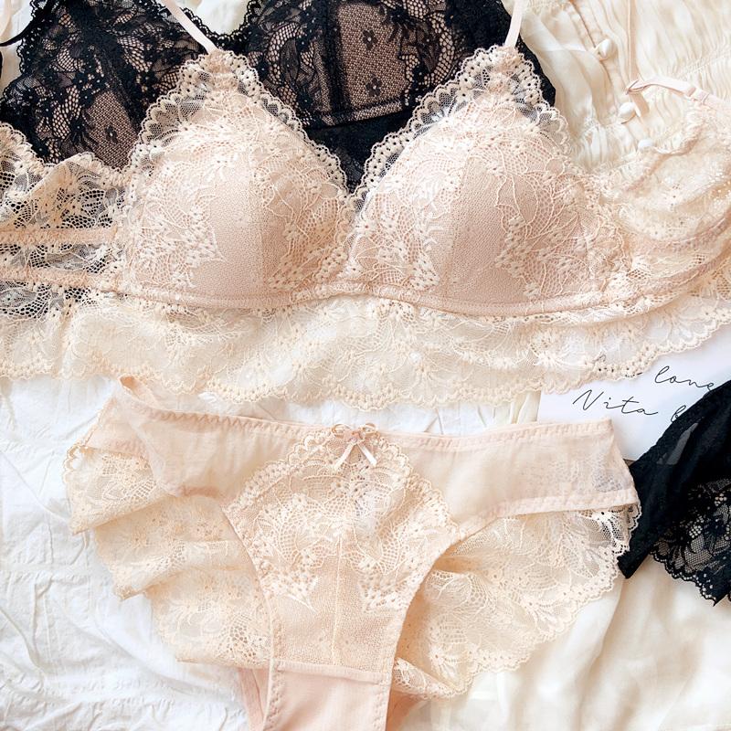 French Lace Triangular Cup Push Up Bra Set Women Sexy Lingerie Summer Comfort Fine Shoulder Strap Bras Backless Underwear Sets