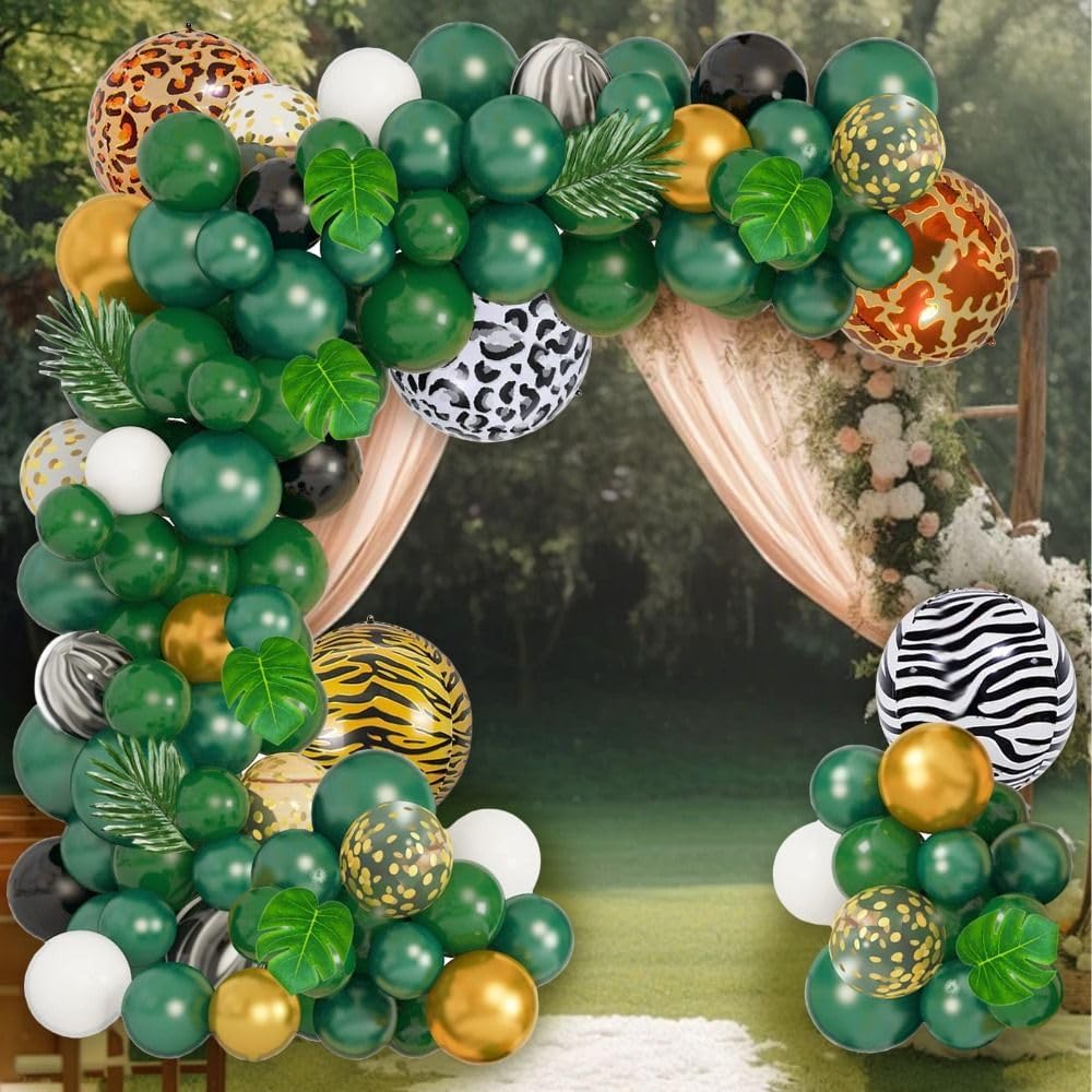 90Pcs Jungle Safari Balloons Arch Kit, Dark Green Gold Black Garland Kit with Animal Foil Balloons Palm Leaves for Wild One Birthday Woodland Party