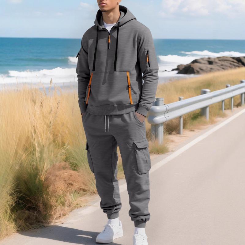 Men Warm Fleece Hooded Sweatshirt And Sweatpants Casual Sports Two Piece Set