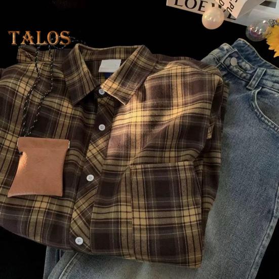 Spring Fall Men Shirt Turn-down Collar Plaid Printing Loose Button-down Retro American Style Long Sleeve Streetwear Top for Travel Daily Wear