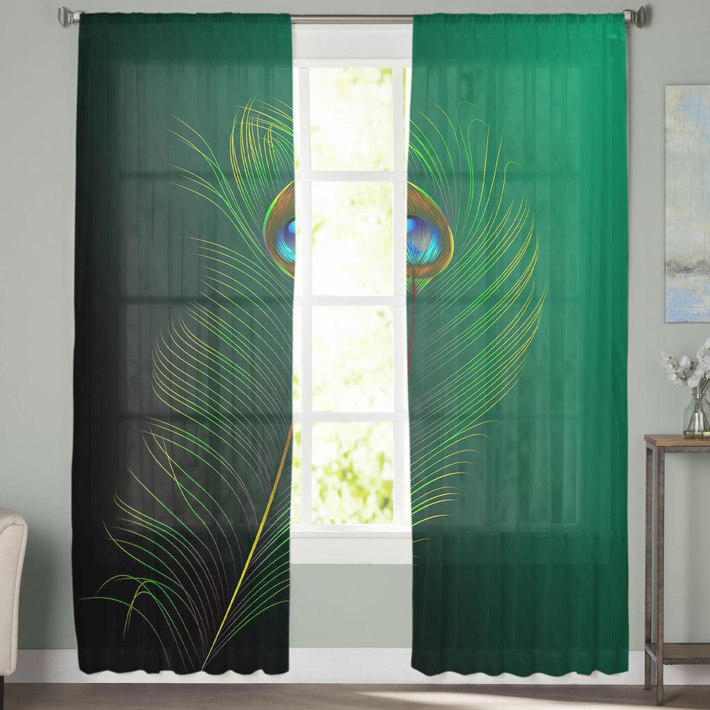 Green Peacock Feathers Window Treatment Tulle Modern Sheer Curtains for Kitchen Living Room the Bedroom Curtains Decoration