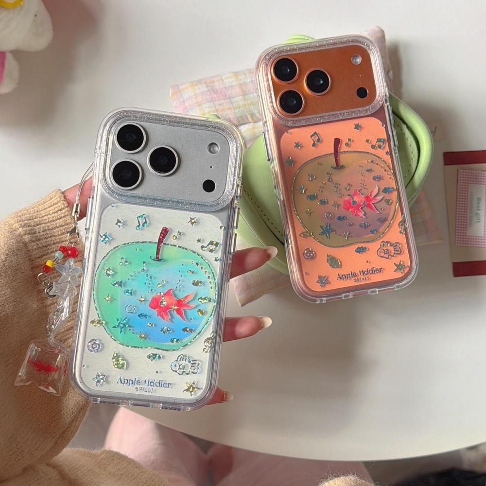 Transparent gilt green apple goldfish pendant ins Korean applicable Apple 17ProMax mobile phone case iphone15 new 16pro women's cute 17pro