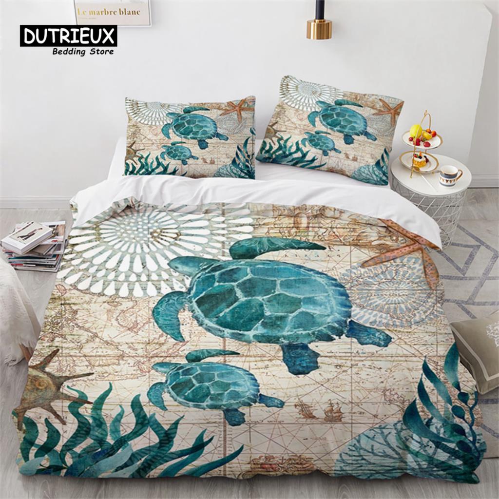 Poszwa na kołdrę z żółwiem morskim w stylu śródziemnomorskim, zestaw pościeli z nadrukiem zwierząt oceanicznych: ośmiornica, konik morski, motyw morski z poszewkami na poduszki