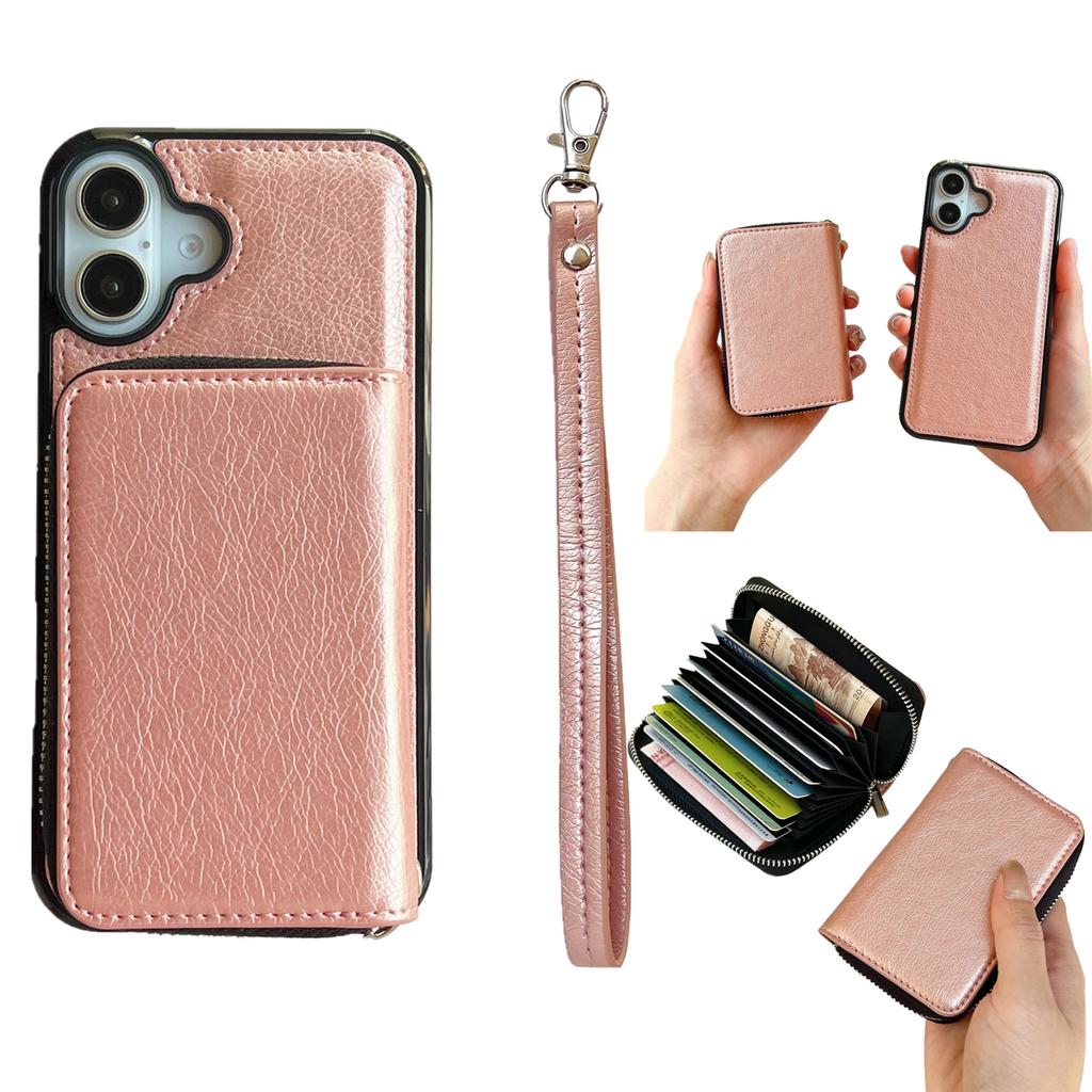 For iPhone 16 Case Detachable Zipper Card Bag PU+TPU Kickstand Phone Case with Strap