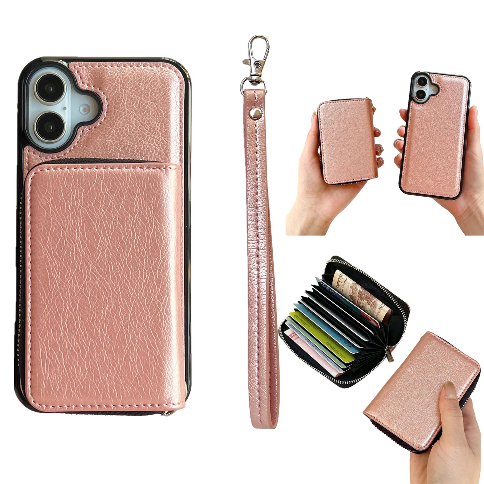 

For iPhone 16 Plus Case Detachable Zipper Card Bag PU+TPU Kickstand Phone Case with Strap D