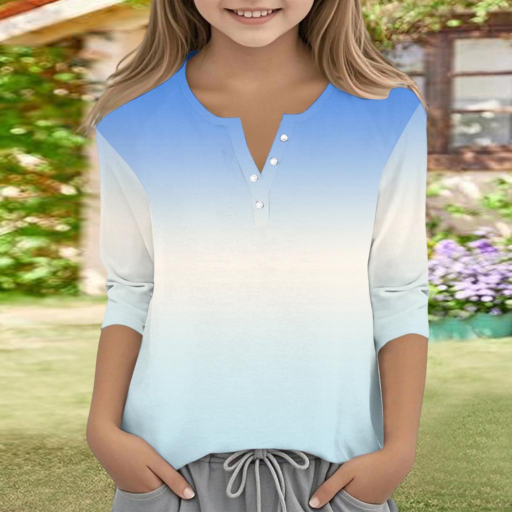 Print Tops For Youth Girls V Neck Button 3/4 Sleeves T-Shirts Trendy Tops Outfit Tees
