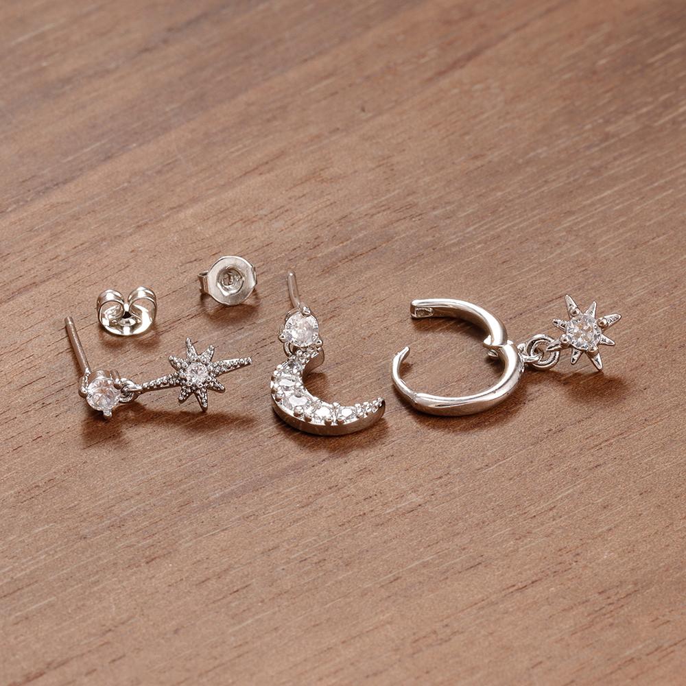 3PCS New Design Stainless Steel CZ Zircon Star Moon Stud Earring Set For Women Punk Unisex Rock Earring Statement Jewelry aretes
