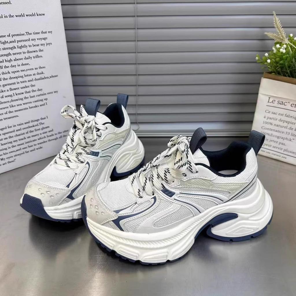 European dad shoes women's spring 2025 new leather color matching thick sole height increase versatile fashion casual sports shoes