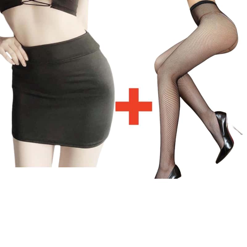 2PCS/SET Women High Waist Pencil Mini Skirts+Stockings Dress Set,Sexy Casual Wrap Hips Black Short Skirt and Pantyhose
