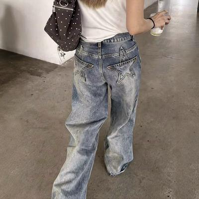Low Rise Wide Leg Straight Cut Denim Jeans Women Water Washed Vintage Style Loose Fit Long Pants