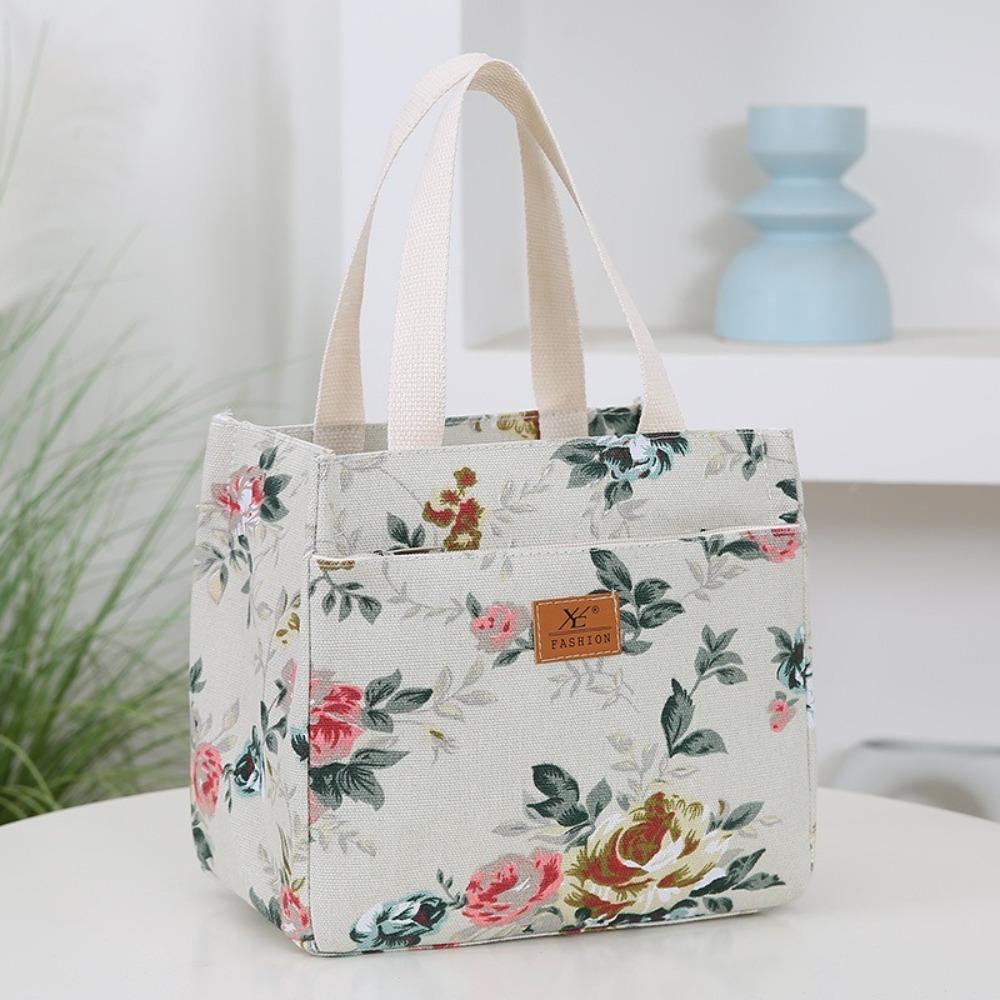 Portable Canvas Lunch Bag Floral Print Large Capacity Ice Bag Foil Lining Lunch Box Handbag for Women