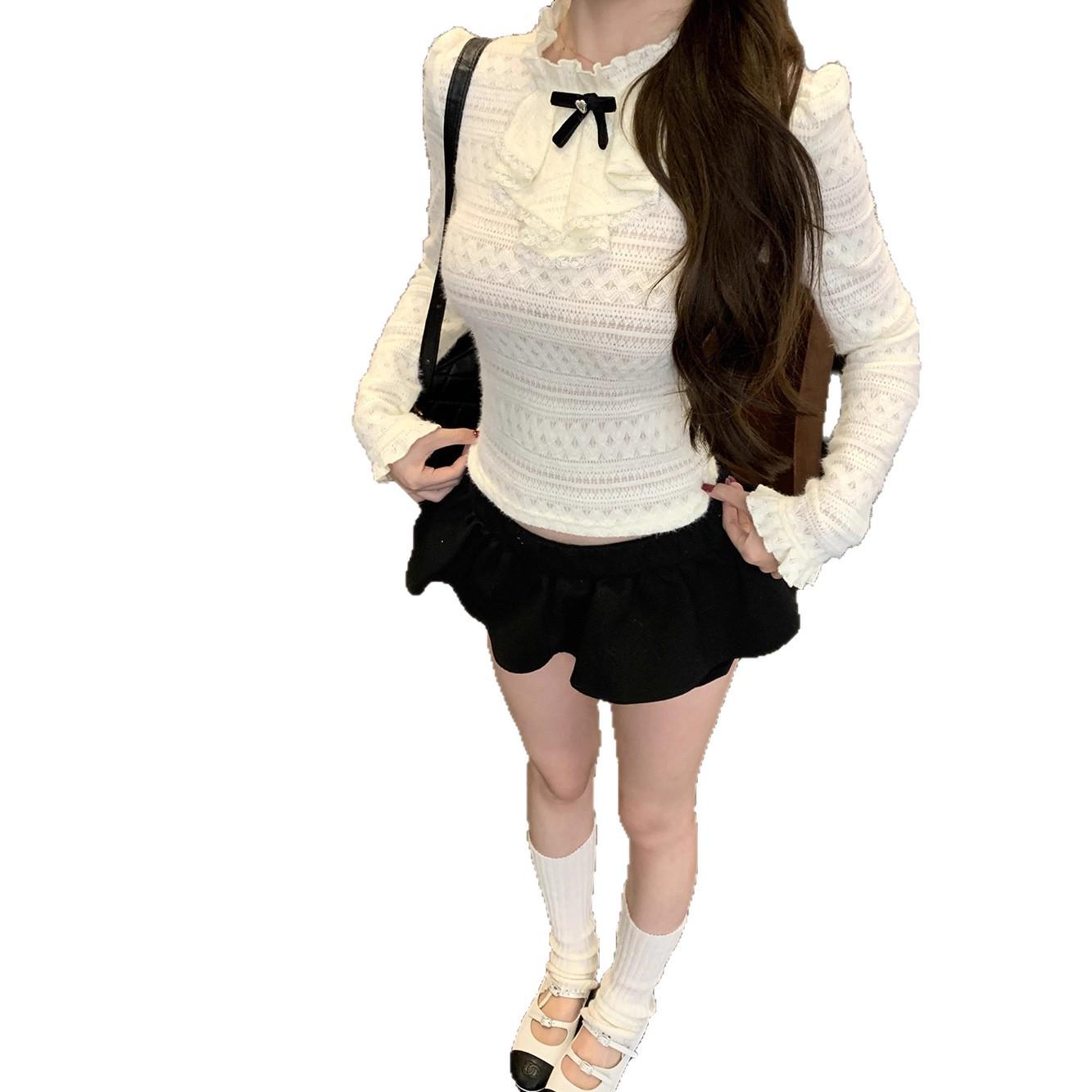 

Ladies Apricot Lace T-Shirt with Bow & High Collar - Autumn/Winter Slim Fit Large