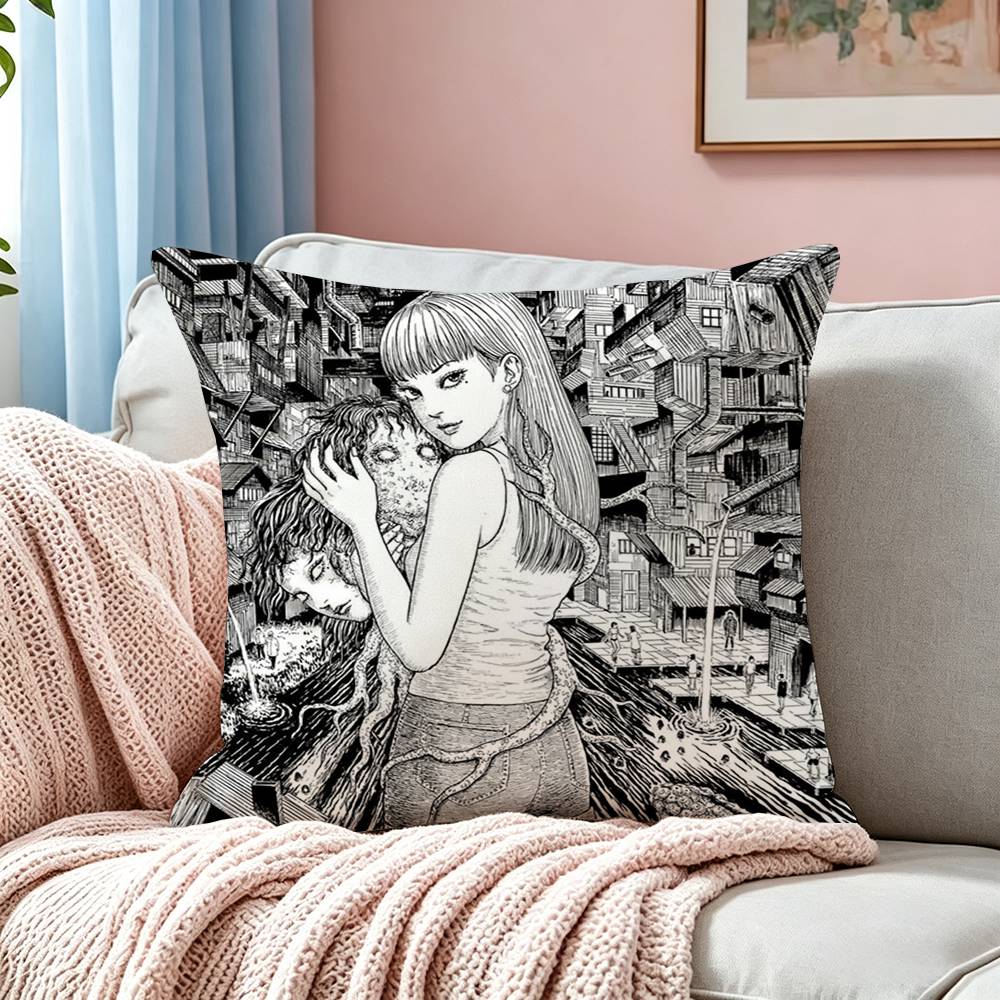 Junji Ito Tomie Retro Kawakami Square Doublesided Printed Pillow Case Bedroom Bedside Pillow Sofa Cushion Cover