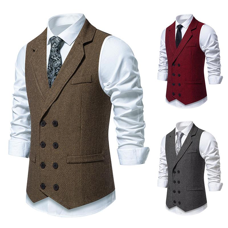 Herren Satin-Innenweste mit Fischgrätstich Business Casual Formeller Anzug Fake-Taschenweste Zweireihige Anzugweste