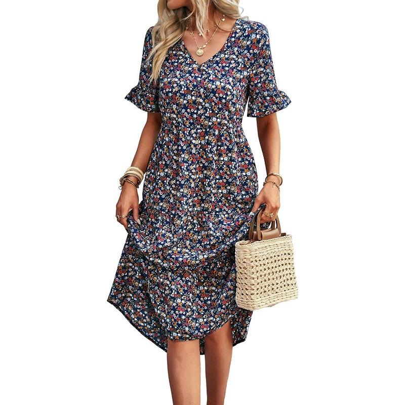 V-neck Short Sleeve Floral Printed Dress Summer Fashion Elegant Loose Long A-line Party Dresses Casual Bohemian Beach Slim Fit Elegant Clothing