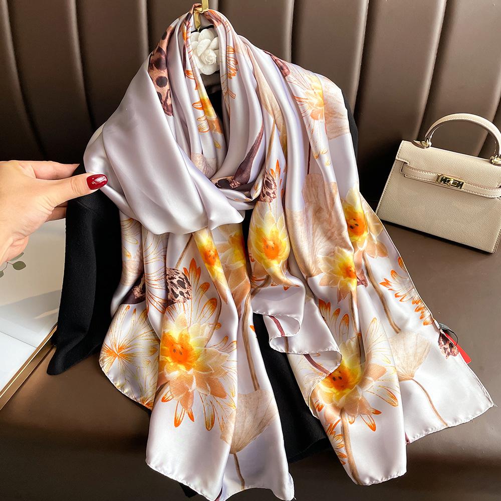 New silk scarf new silk satin printed shawl holiday fashion sunscreen long section simulation silk scarf