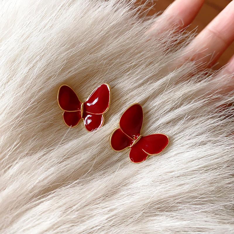 Silver Needle Dripping Oil Ankara Red Butterfly Stud Earrings Fashionable Versatile Retro Earrings Simple and Advanced Hong Kong Style Earrings Women